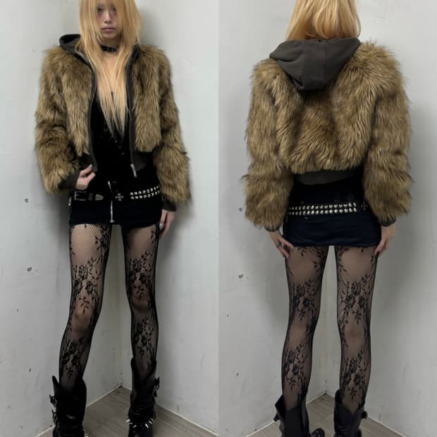 [NACHE]24FW Hoodie Crop Fur Jacket Khaki