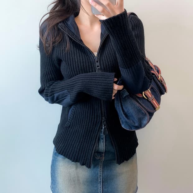 쇼트 니트 후드집업