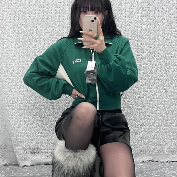 젝시믹스 빈티지 스포티 딥그린 배색 크롭 집업 자켓 C09975