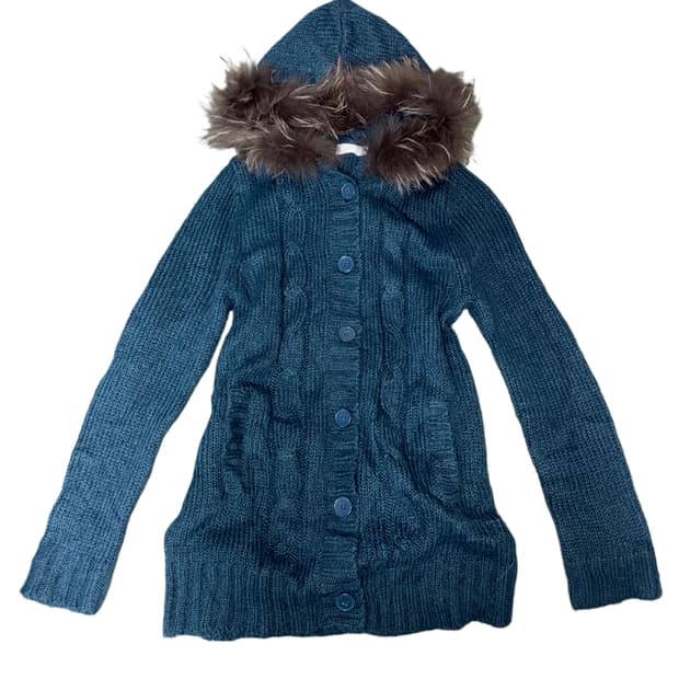 케이블 니트 퍼 후드 가디건