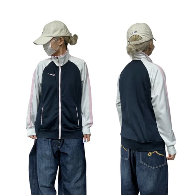 아디다스 네이비 딸기우유 핑크 화이크 삼선 트랙탑 져지 L