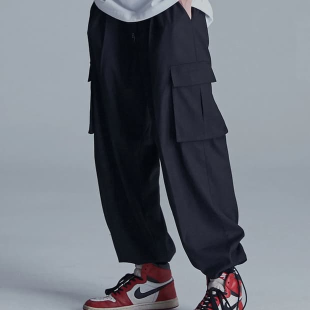 [M] 낫포너드 와이드 스트링 카고 슬랙 팬츠 블랙