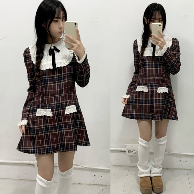 로걀 와인초코맛 체크 원피스