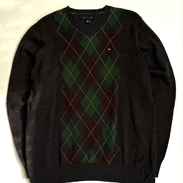 [S] 타미힐피거 아가일 브이넥 코튼 니트 스웨터