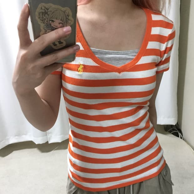 폴로 랄프로렌 오렌지 브이넥 스트라이프 반팔 티셔츠