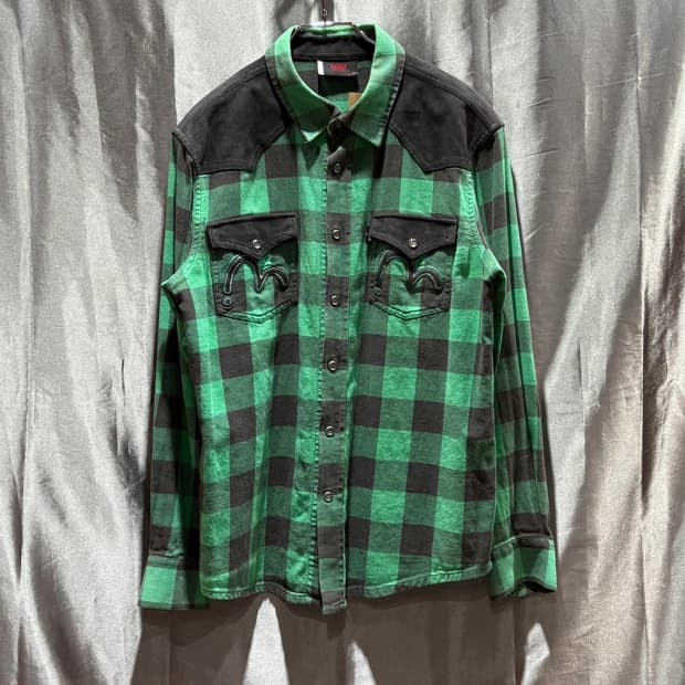 M EVISU 에비수 심볼로고 투포켓 버튼 체크셔츠