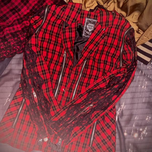 빈티지 알곤퀸즈 펑크 레드 블랙 체크 레이스 자켓
