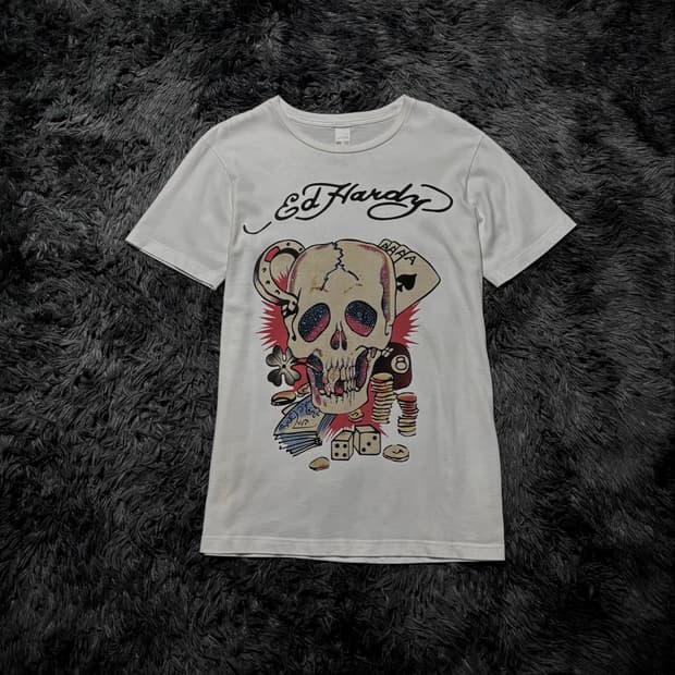 Ed Hardy 스컬 큐빅 프린팅 화이트 반팔 티셔츠