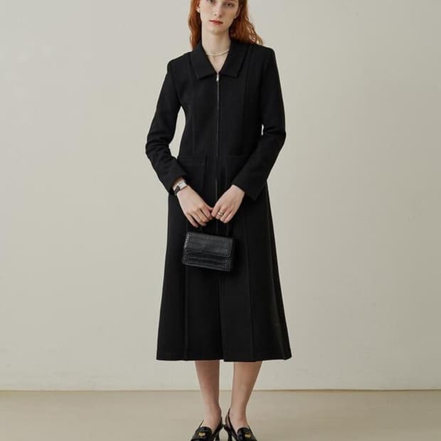 (어다울) Zip up simple long dress - black-S