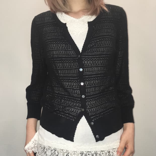 jpn vintage 하구미 모리 레이어드 블랙 크로셰 가디건