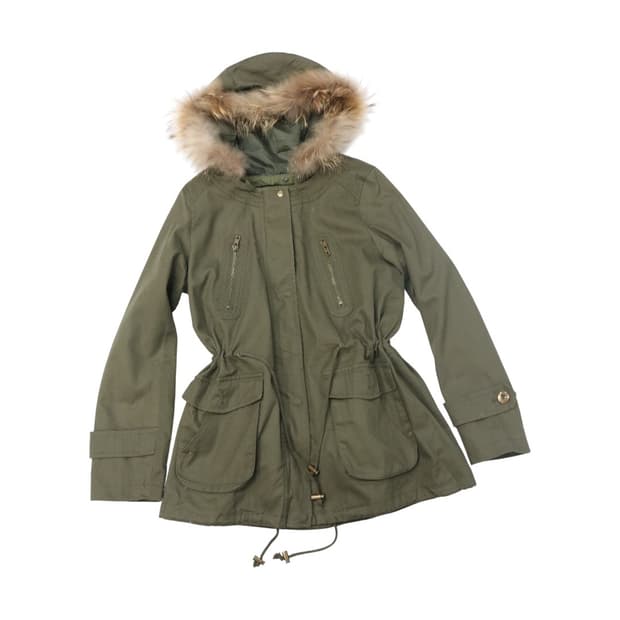 빈티지 카키 라쿤 퍼 후드 보아 안감 야상 점퍼