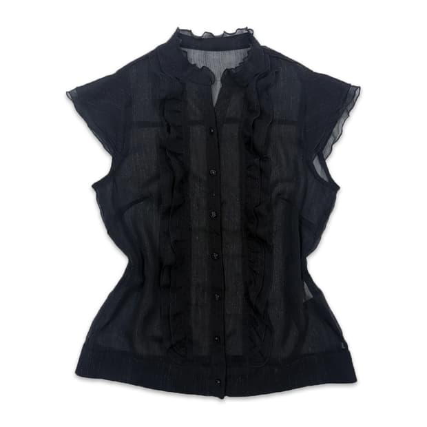 빈티지 블랙 시스루 프릴 반팔 블라우스