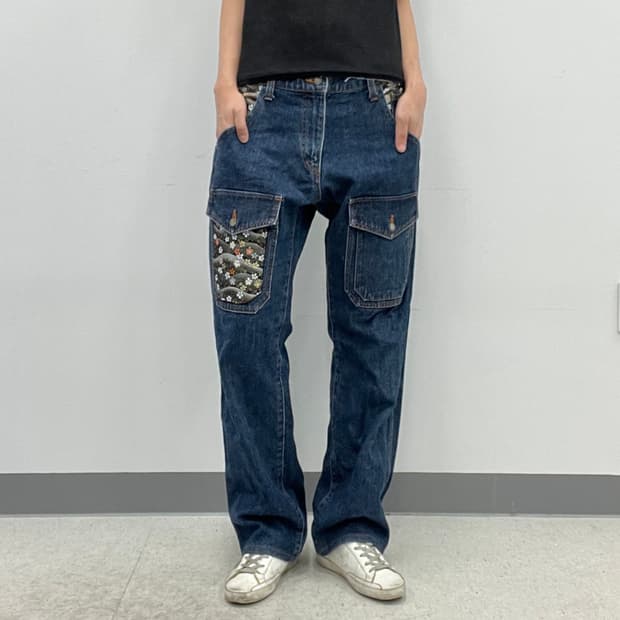 jpn vtg chak-m 오리엔탈 와가라 패치 부쉬 데님 팬츠