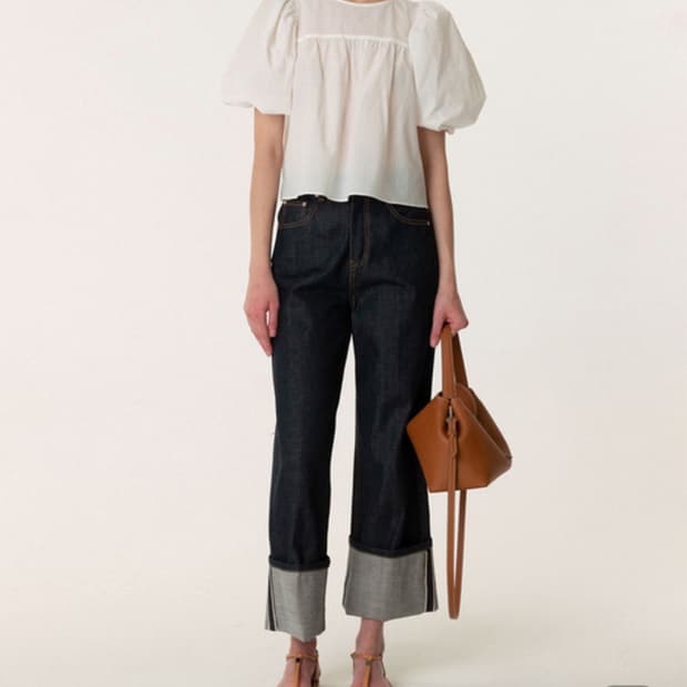 킨더살몬 Seersucker Puff-Sleeve Blouse Off-W