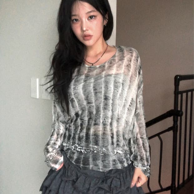 Diesel 워싱 차콜 화이트 시스루 롱 슬리브