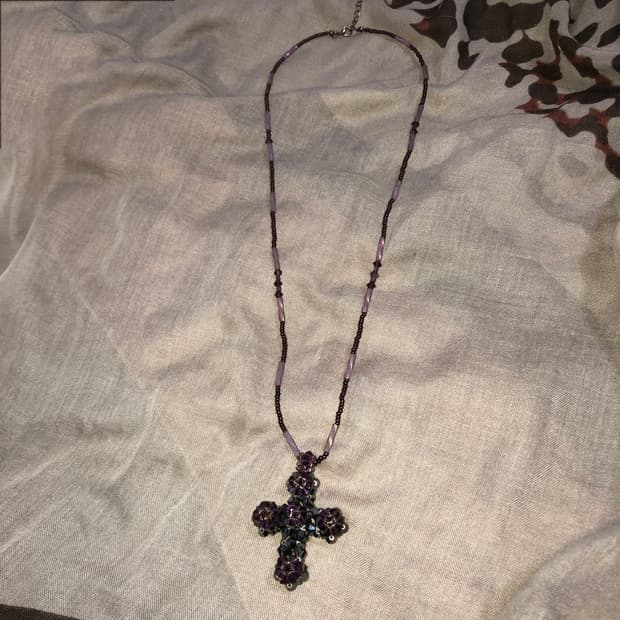 빈티지 핸드메이드 십자가 퍼플 블랙 비즈 목걸이 오리엔탈 갸루 펑크