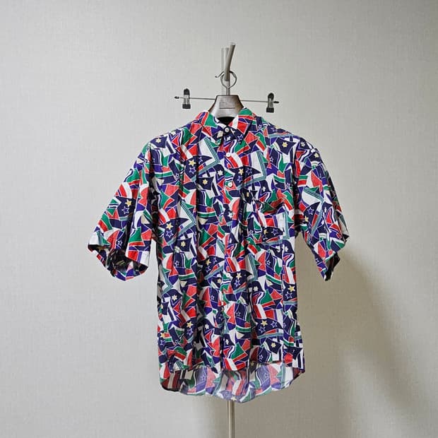 90s 올드스쿨 빈티지 기하학 패턴 오버핏 반팔셔츠 L 105-110