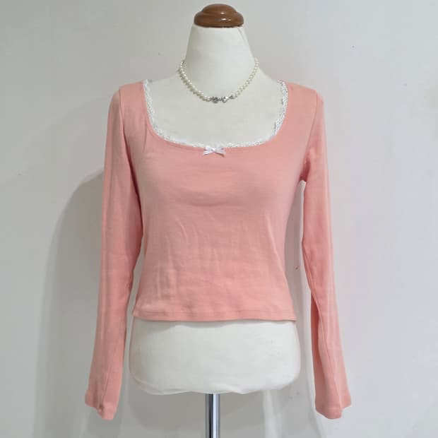 빈티지)핑크 발레코어 히메갸루 레이스리본크롭스퀘어넥 롱슬리브긴팔티셔츠
