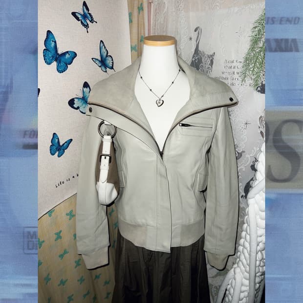 아이보리 빅카라 슬림핏 가죽 자켓