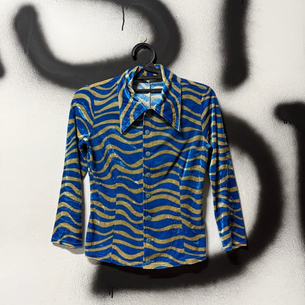 VTG 빈티지 블루 애니멀 패턴 벨벳 크롭 셔츠 탑