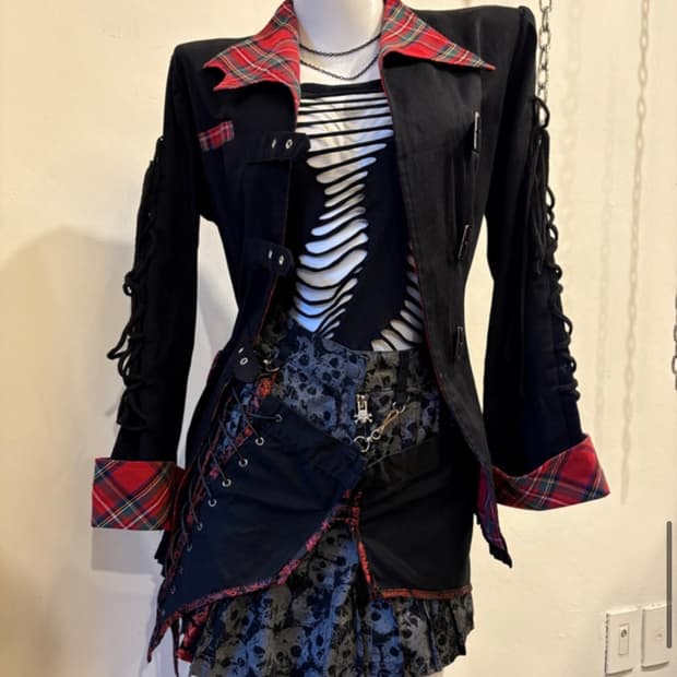 바디라인 체크 언밸런스 재킷 펑크 타탄체크