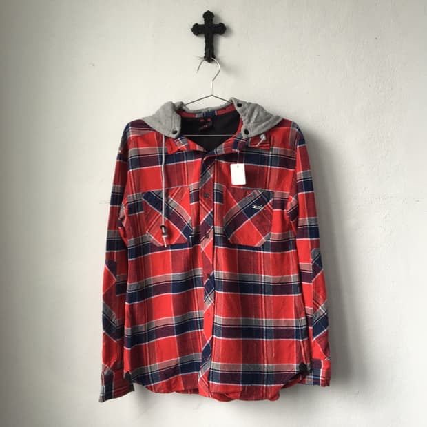 Hood layered check pattern shirt