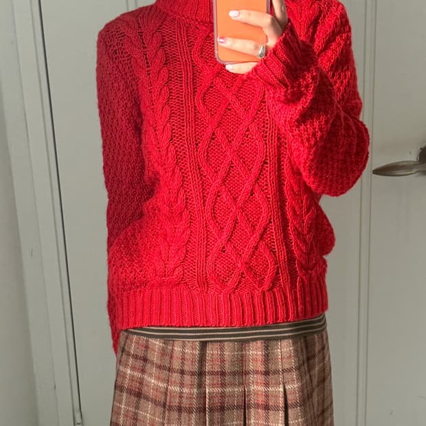 일본빈티지 울30 레드 케이블니트