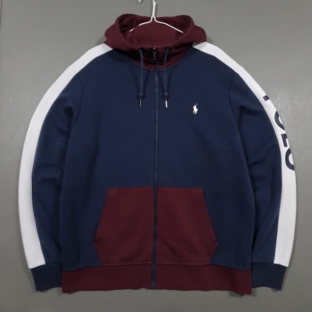 L) 폴로 랄프로렌 신형 포니 레터링 버건디 배색 오버핏 후드집업 자켓