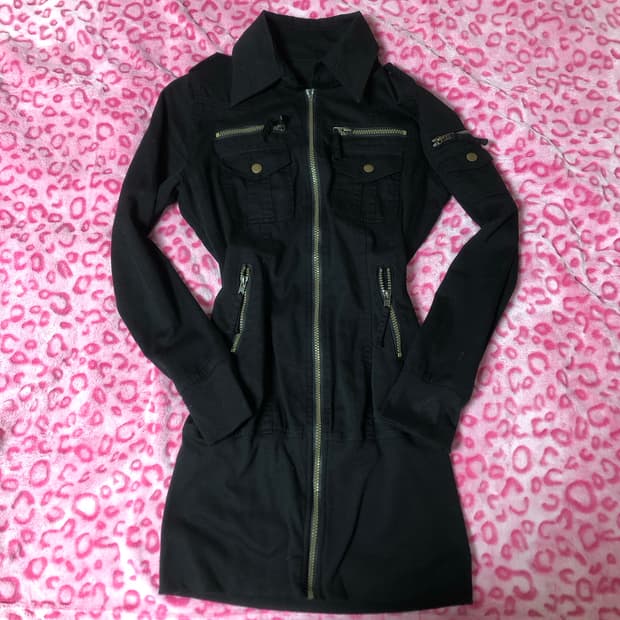 빈티지 펑크 블랙 딱붙 집업 미니 원피스