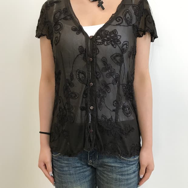 Jpn Brown Sheer Lace Floral Cardigan Top