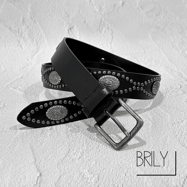 [Unisex] MONO 크롬 에스닉 스터드 웨스턴 가죽 벨트