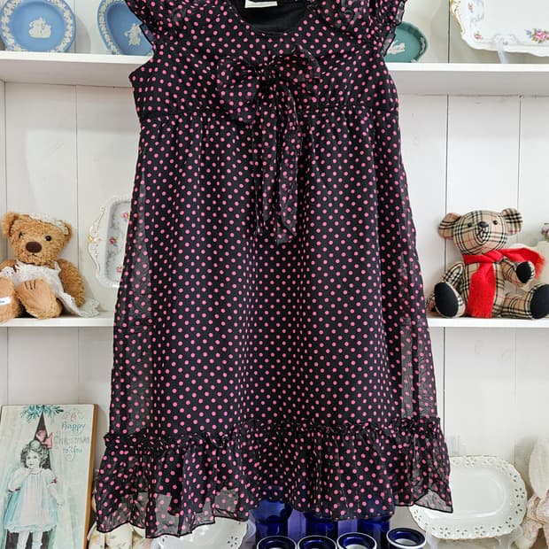 블랙 핑크 도트 쉬폰 원피스