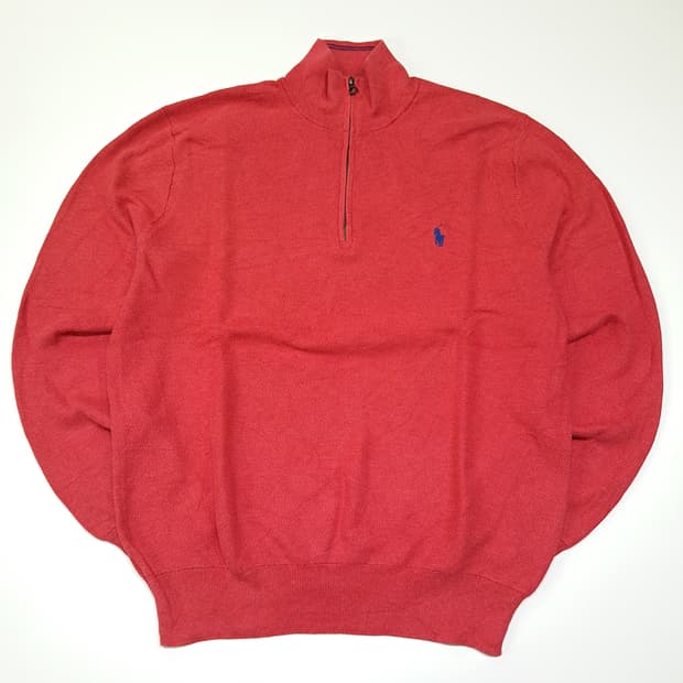 CL029 폴로 피마코튼 레더풀러 블루포니 레드 쿼터집업 니트 스웨터