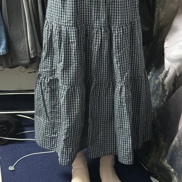 네이비 체크 롱스커트