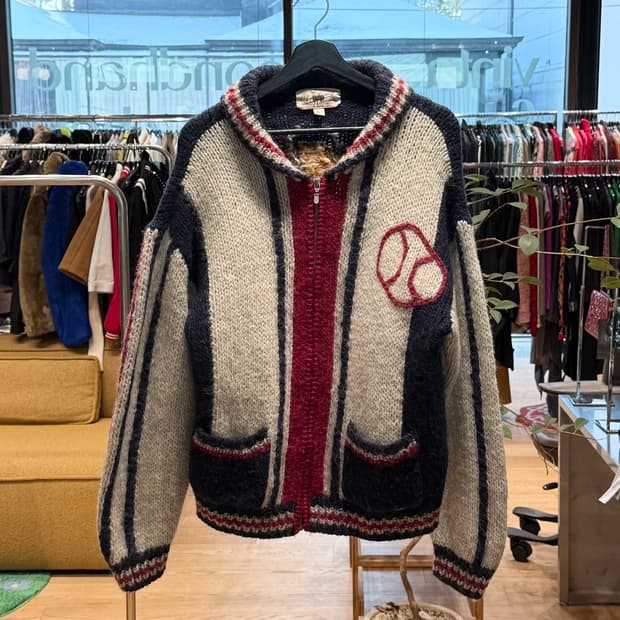 vtg 베이지 베이스볼 핸드메이드 코위찬 가디건