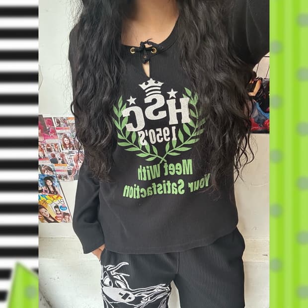 JPN 프린팅 골지 헨리넥 롱슬리브