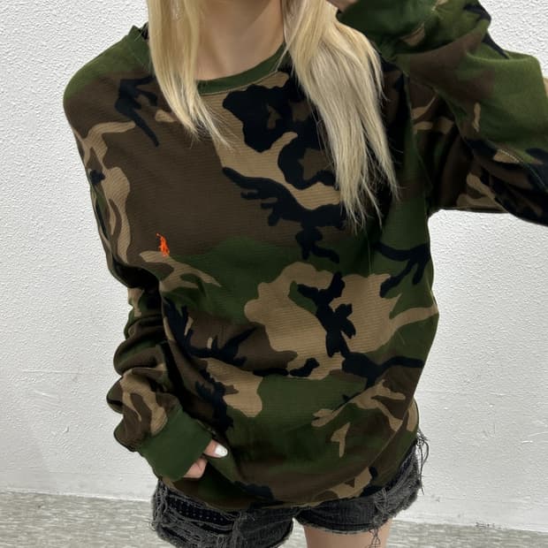 폴로 랄프로렌 오렌지포니 카모 와플 롱슬리브 L