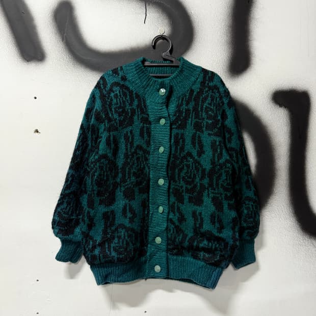VTG 빈티지 에스닉 풀 패턴 울 혼방 모헤어 가디건 자켓 틸
