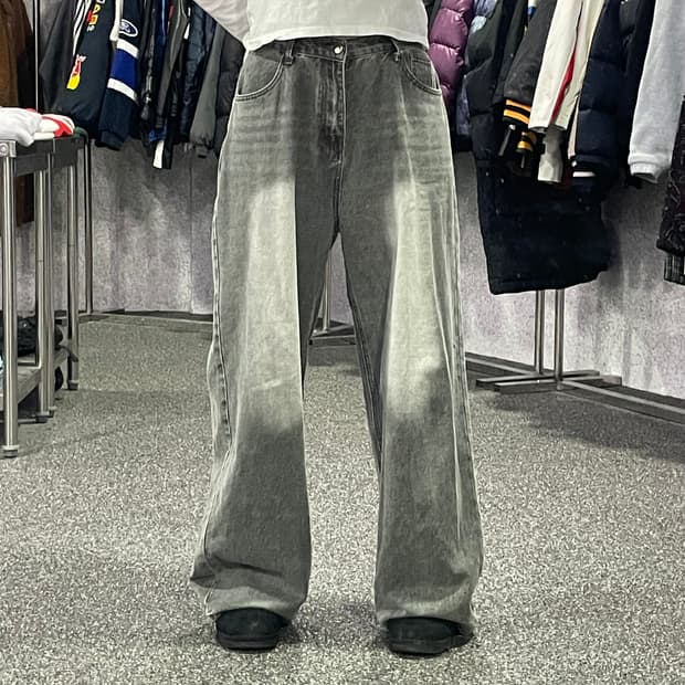 빈티지 S-BIN 워싱 그레이 와이드 데님 팬츠 B3655 