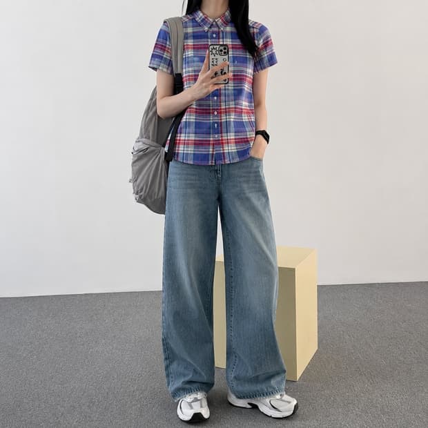 66 POLO 폴로 랄프로렌 반팔 셔츠 블루 레드 마드라스 체크