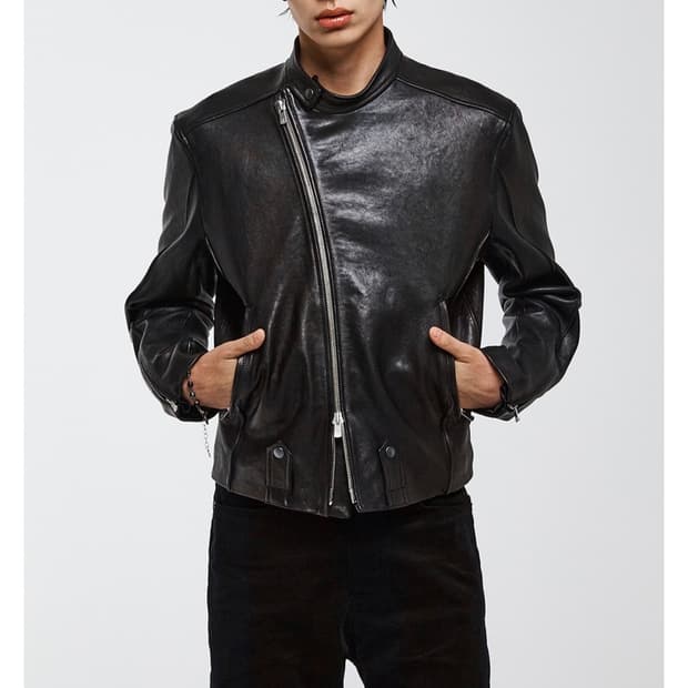 알레느LEATHER ASYMMETRIC BIKER JACKET BLACK