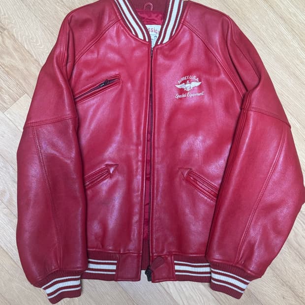 90s 오리지널 AVIREX USA 레더 바시티 자켓 레드 빅로고클래식