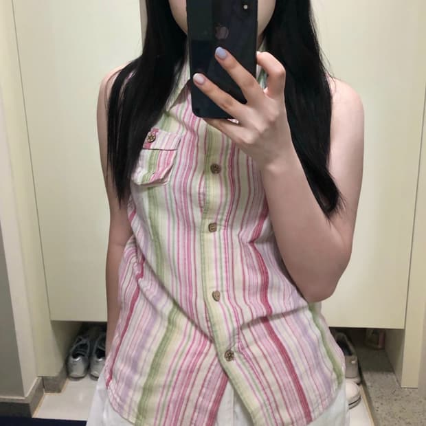 스트라이프 민소매 셔츠