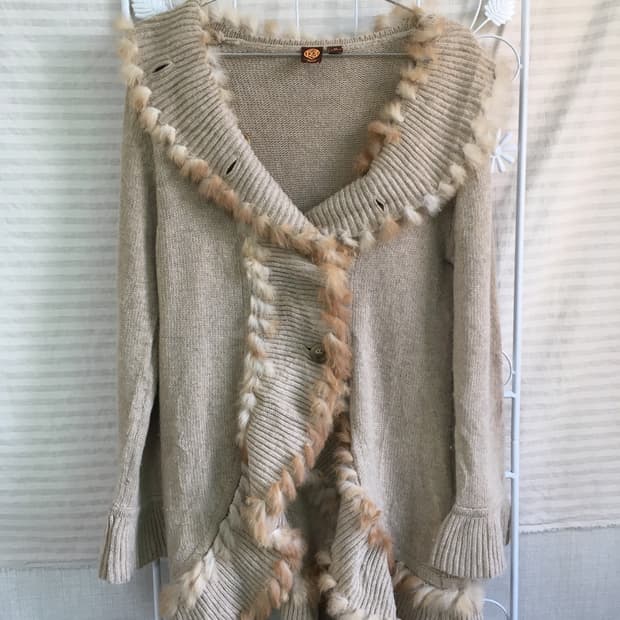 jpn vintage 베이지 퍼 프릴 니트 가디건