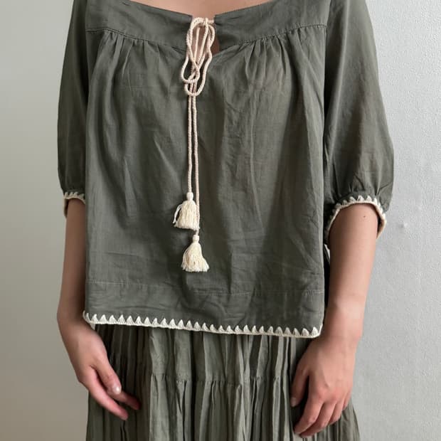 Khaki Tassel Trim Blouse