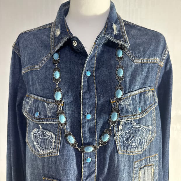 빈티지 터키석 앤틱 실버 프레임 목걸이 보헤미안 네이티브 아메리칸