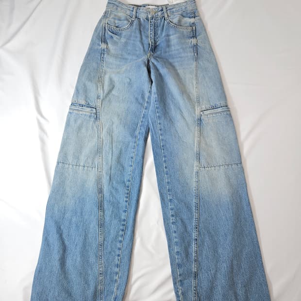 자라 여성 워싱 카고 카펜터 와이드 데님팬츠 유틸리티 청바지