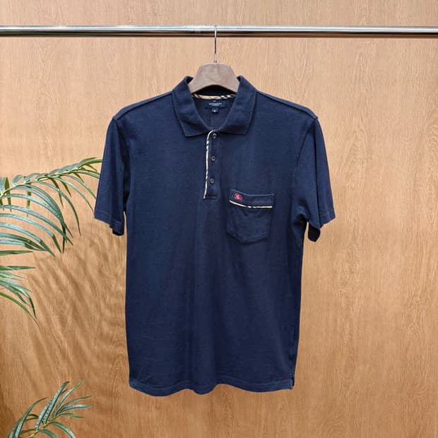 버버리 카라 반팔 카라티셔츠 체크 포켓 로고 자수 디테일 블랙