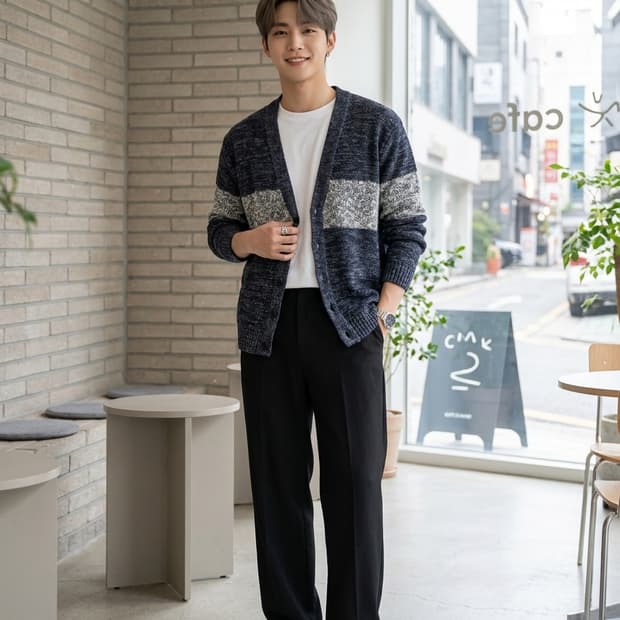 지오송지오(ZIO SONGZIO) 린넨 혼방 배색 니트 가디건