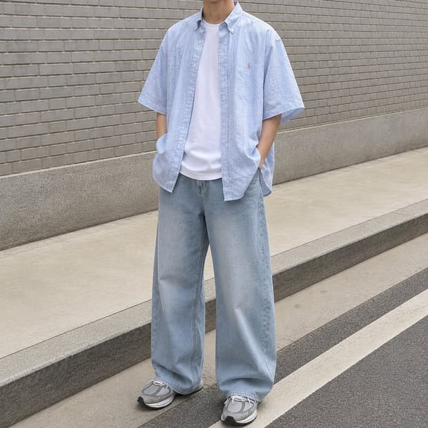 105 POLO 폴로 랄프로렌 반팔 린넨 셔츠 스카이블루 스트라이프